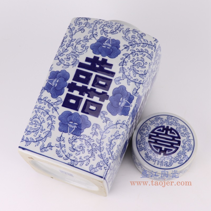 青花喜字纹四方罐,产品编号:RXAE-FL12-017L 产品尺寸(单位cm): 高31.5直径16口径底径重量3KG