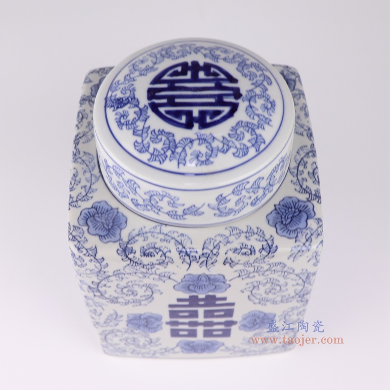 青花四方喜字茶叶罐,产品编号:RXAE-FL12-017S 产品尺寸(单位cm): 高21.9直径15.3口径底径重量1.82KG
