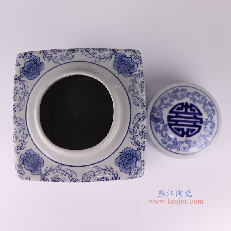 青花四方喜字茶叶罐，产品编号：RXAE-FL12-017S       产品尺寸(单位cm):  高21.9直径15.3口径底径重量1.82KG