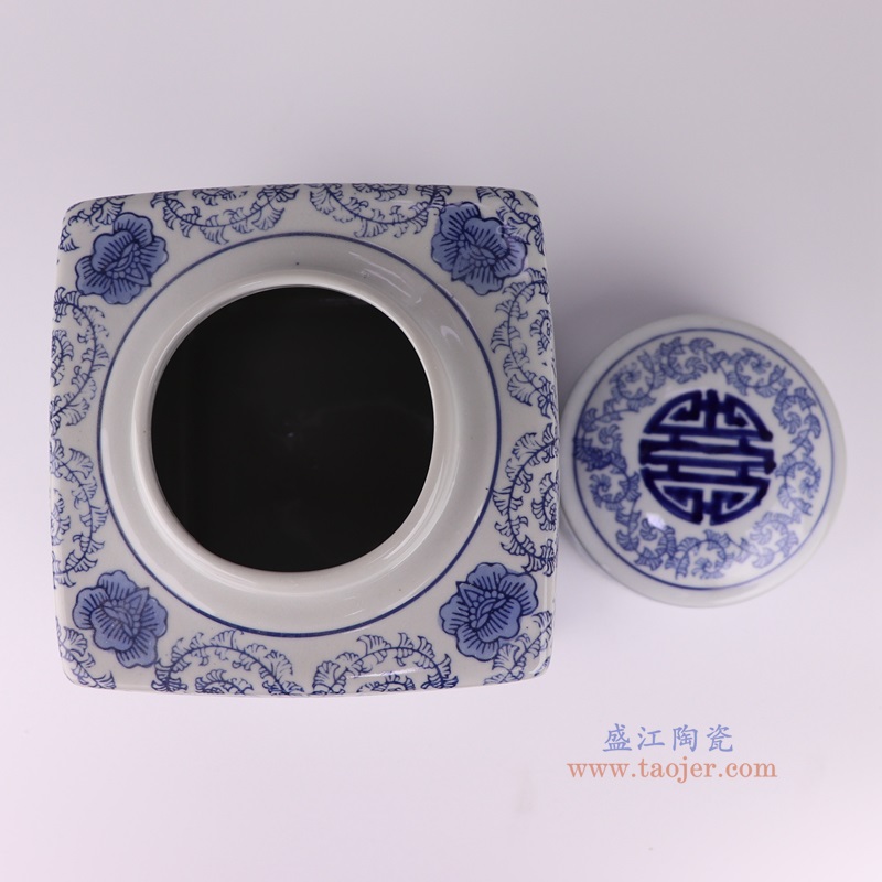 青花四方喜字茶叶罐,产品编号:RXAE-FL12-017S 产品尺寸(单位cm): 高21.9直径15.3口径底径重量1.82KG