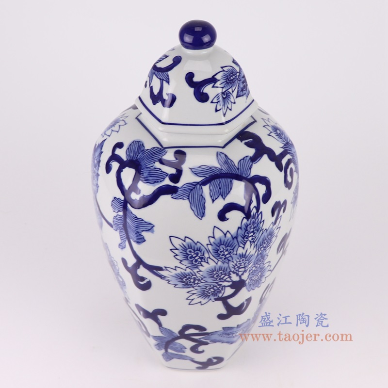 青花花卉六方将军罐,产品编号:RXAE-FL12-103 产品尺寸(单位cm): 高38直径20口径底径10.8重量2.25KG