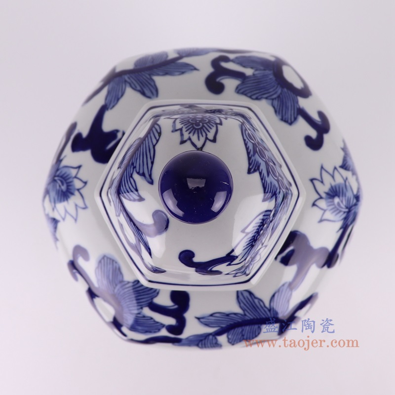 青花花卉六方将军罐,产品编号:RXAE-FL12-103 产品尺寸(单位cm): 高38直径20口径底径10.8重量2.25KG