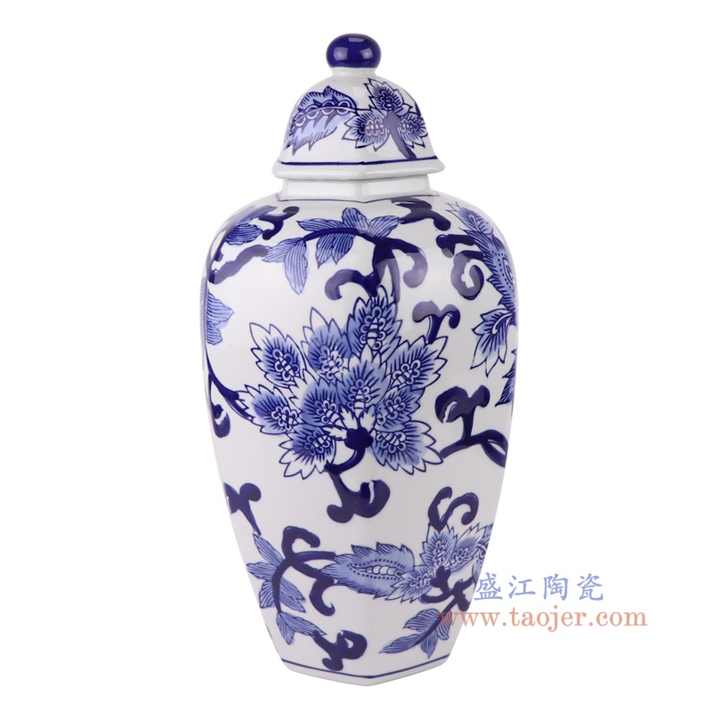 青花花卉六方将军罐,产品编号:RXAE-FL12-103 产品尺寸(单位cm): 高38直径20口径底径10.8重量2.25KG