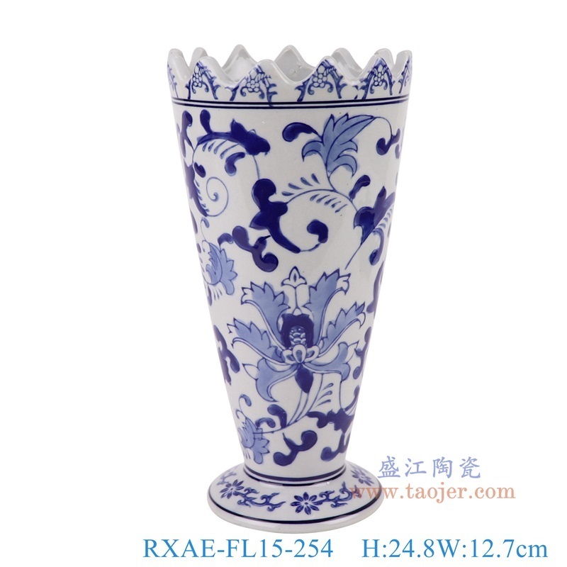 青花缠枝莲齿口直筒花瓶，产品编号：RXAE-FL15-254       产品尺寸(单位cm):  高24.8直径12.7口径底径9.9重量0.4KG