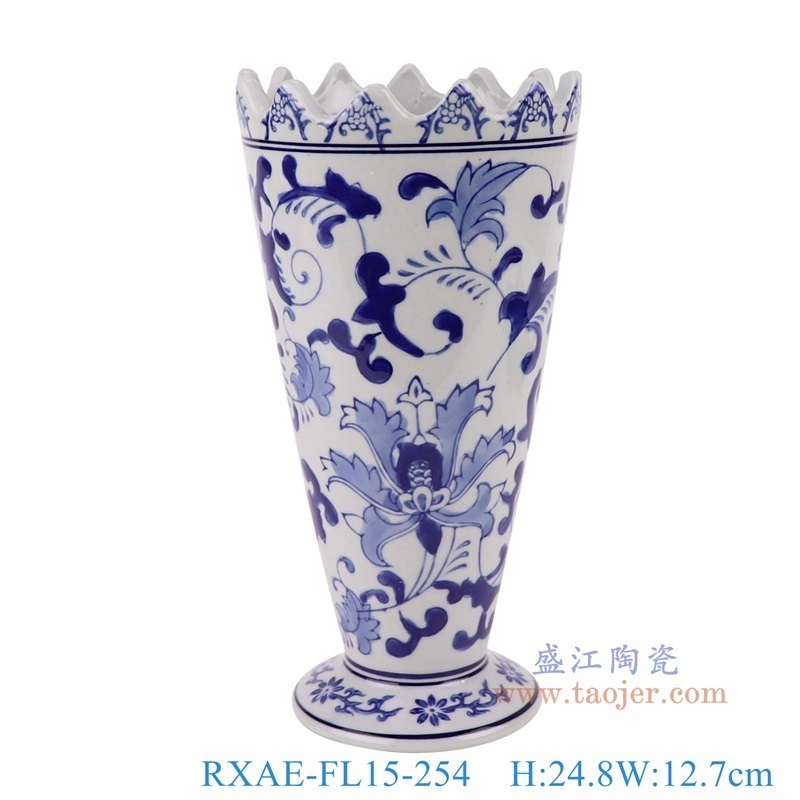 青花缠枝莲齿口直筒花瓶,产品编号:RXAE-FL15-254 产品尺寸(单位cm): 高24.8直径12.7口径底径9.9重量0.4KG
