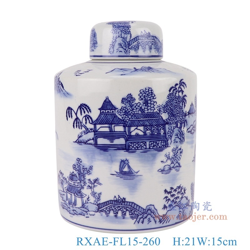 青花山水直筒茶叶罐,产品编号:RXAE-FL15-260 产品尺寸(单位cm): 高21直径15口径底径重量1.25KG