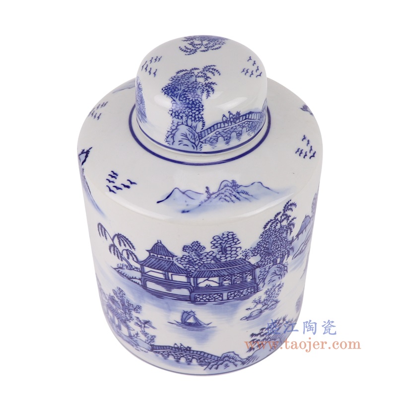 青花山水直筒茶叶罐,产品编号:RXAE-FL15-260 产品尺寸(单位cm): 高21直径15口径底径重量1.25KG