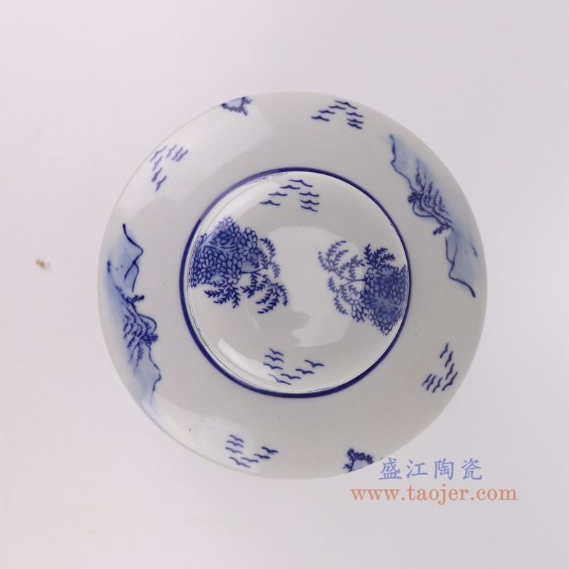 青花山水直筒茶叶罐,产品编号:RXAE-FL15-260 产品尺寸(单位cm): 高21直径15口径底径重量1.25KG