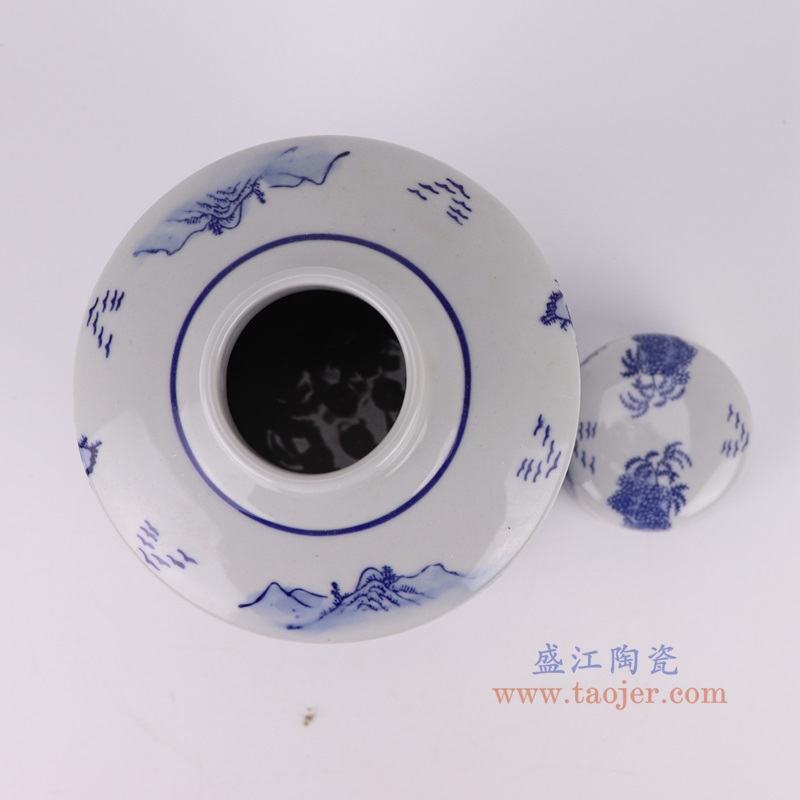 青花山水直筒茶叶罐,产品编号:RXAE-FL15-260 产品尺寸(单位cm): 高21直径15口径底径重量1.25KG