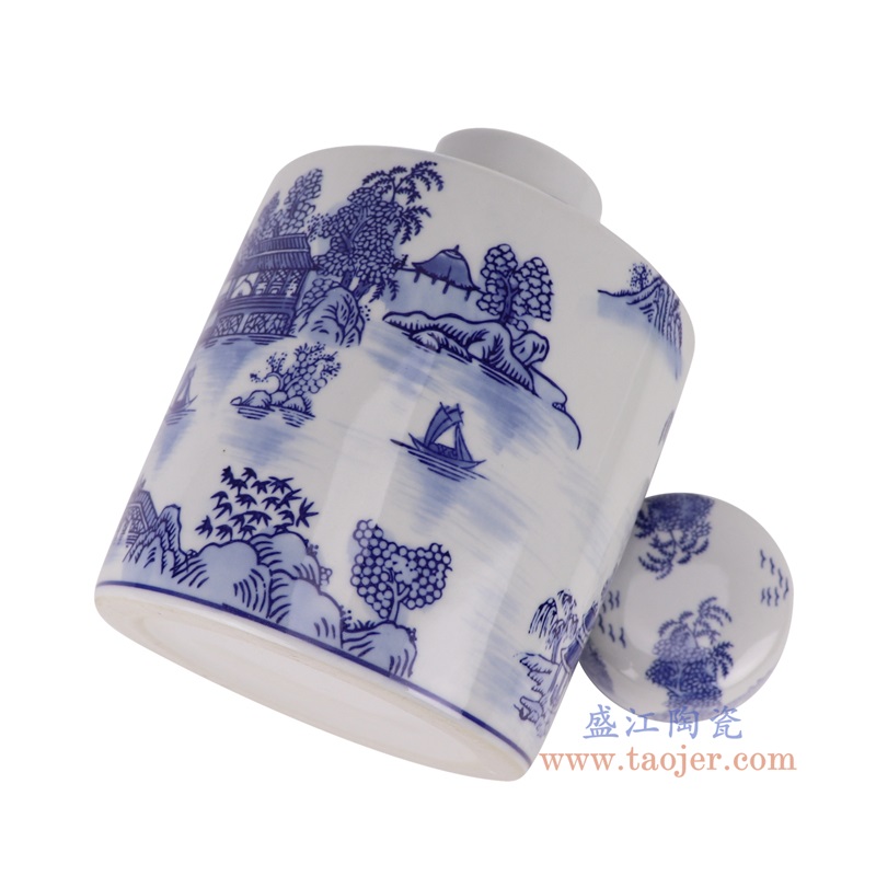 青花山水直筒茶叶罐,产品编号:RXAE-FL15-260 产品尺寸(单位cm): 高21直径15口径底径重量1.25KG