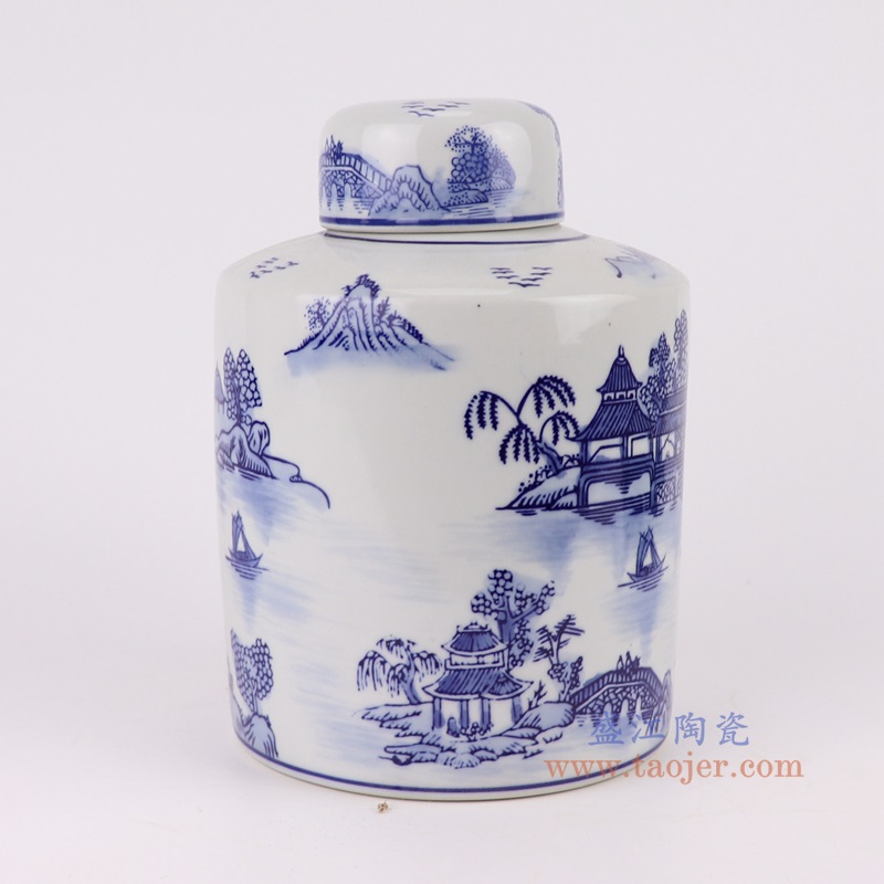 青花山水直筒茶叶罐,产品编号:RXAE-FL15-260 产品尺寸(单位cm): 高21直径15口径底径重量1.25KG