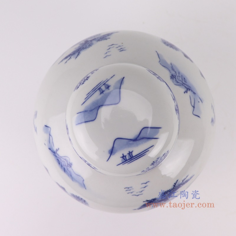 青花山水宝珠坛,产品编号:RXAE-FL15-261 产品尺寸(单位cm): 高19.3直径15.7口径底径8.2重量0.95KG
