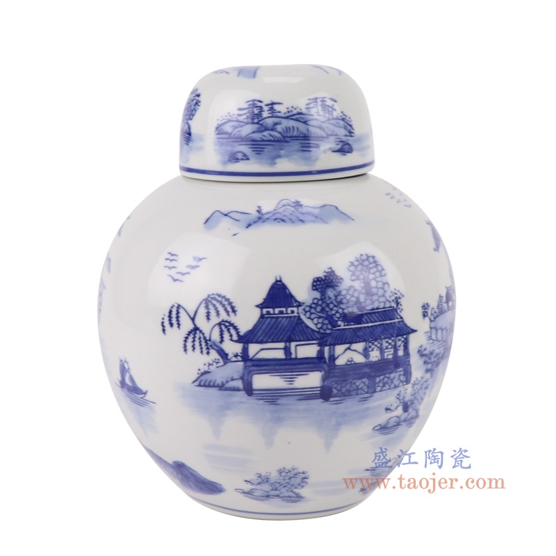 青花山水宝珠坛,产品编号:RXAE-FL15-261 产品尺寸(单位cm): 高19.3直径15.7口径底径8.2重量0.95KG