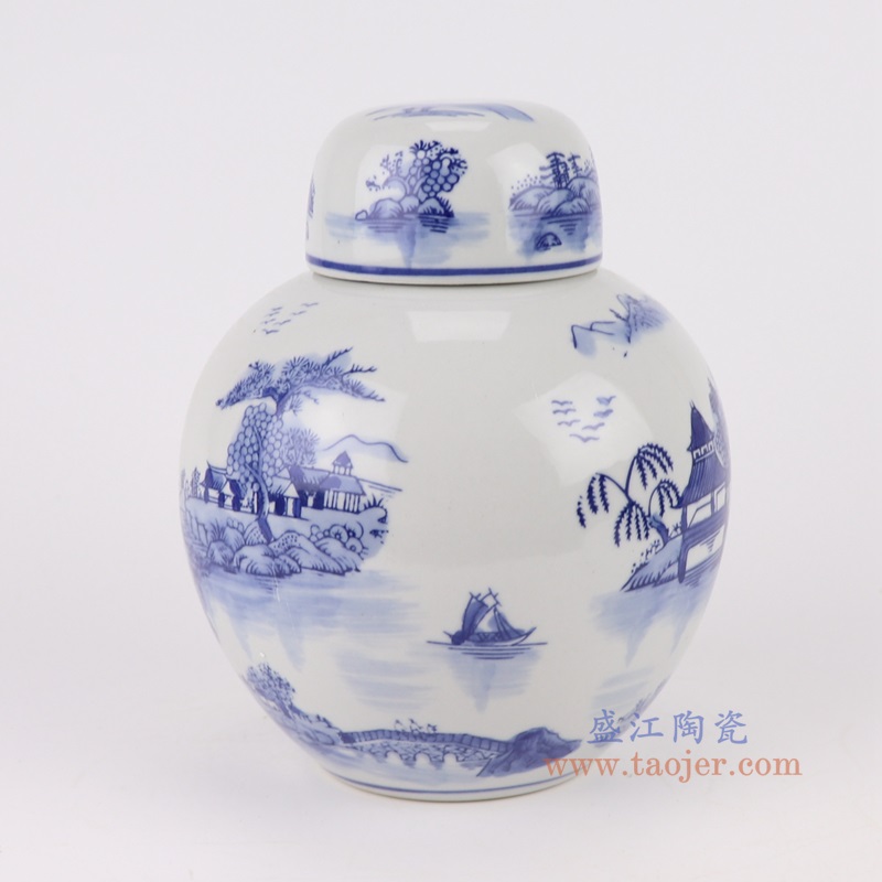 青花山水宝珠坛,产品编号:RXAE-FL15-261 产品尺寸(单位cm): 高19.3直径15.7口径底径8.2重量0.95KG