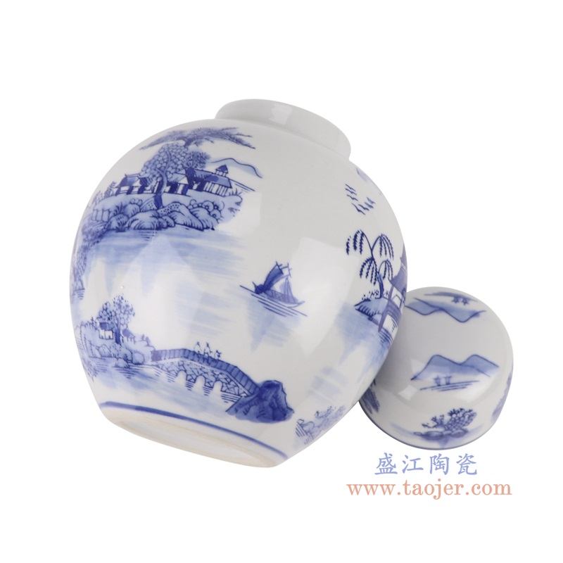 青花山水宝珠坛,产品编号:RXAE-FL15-261 产品尺寸(单位cm): 高19.3直径15.7口径底径8.2重量0.95KG