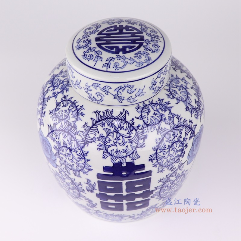 青花喜字平顶罐,产品编号:RXAE-FL16-199 产品尺寸(单位cm): 高24直径20.5口径底径16.5重量1.8KG