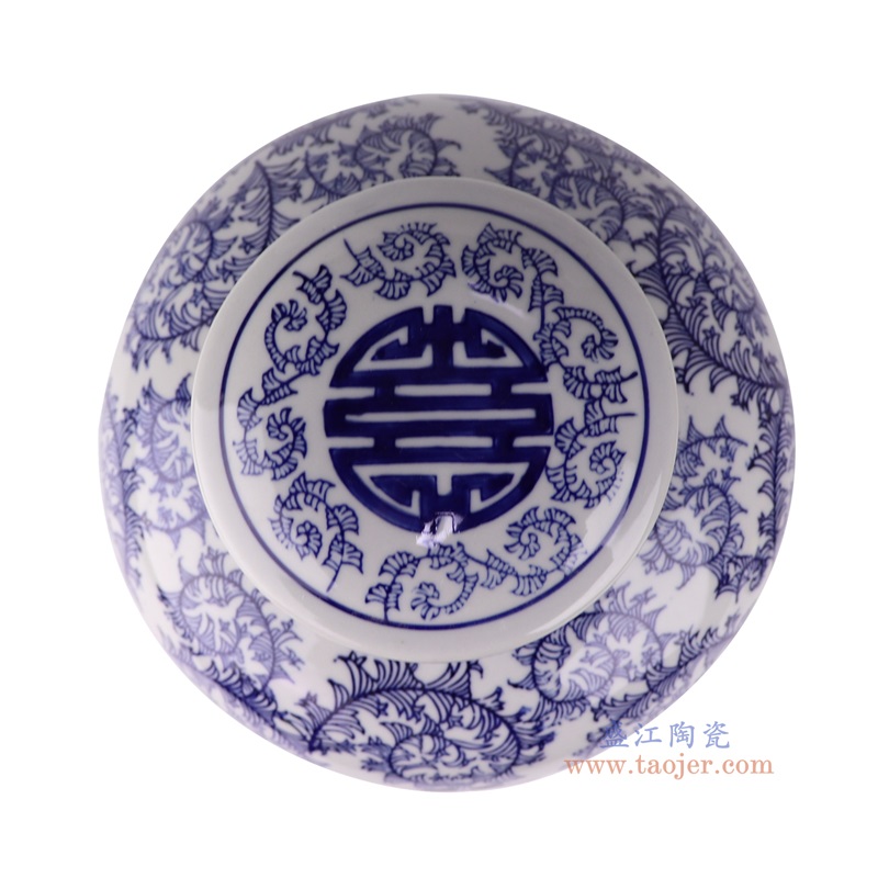 青花喜字平顶罐,产品编号:RXAE-FL16-199 产品尺寸(单位cm): 高24直径20.5口径底径16.5重量1.8KG