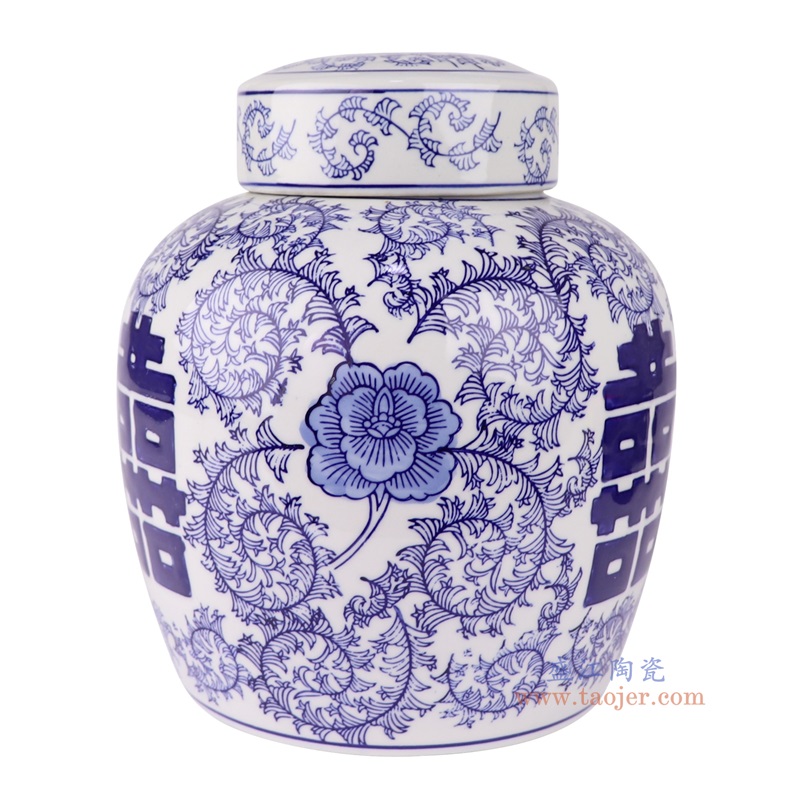 青花喜字平顶罐,产品编号:RXAE-FL16-199 产品尺寸(单位cm): 高24直径20.5口径底径16.5重量1.8KG