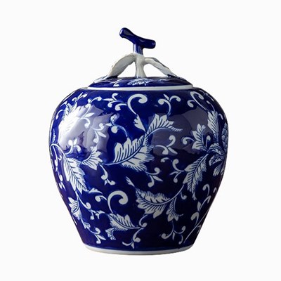 青花蓝底缠枝莲苹果罐,产品编号:RXAE-FL16-200A 产品尺寸(单位cm): 高22.7直径18口径底径10.8重量1.25KG