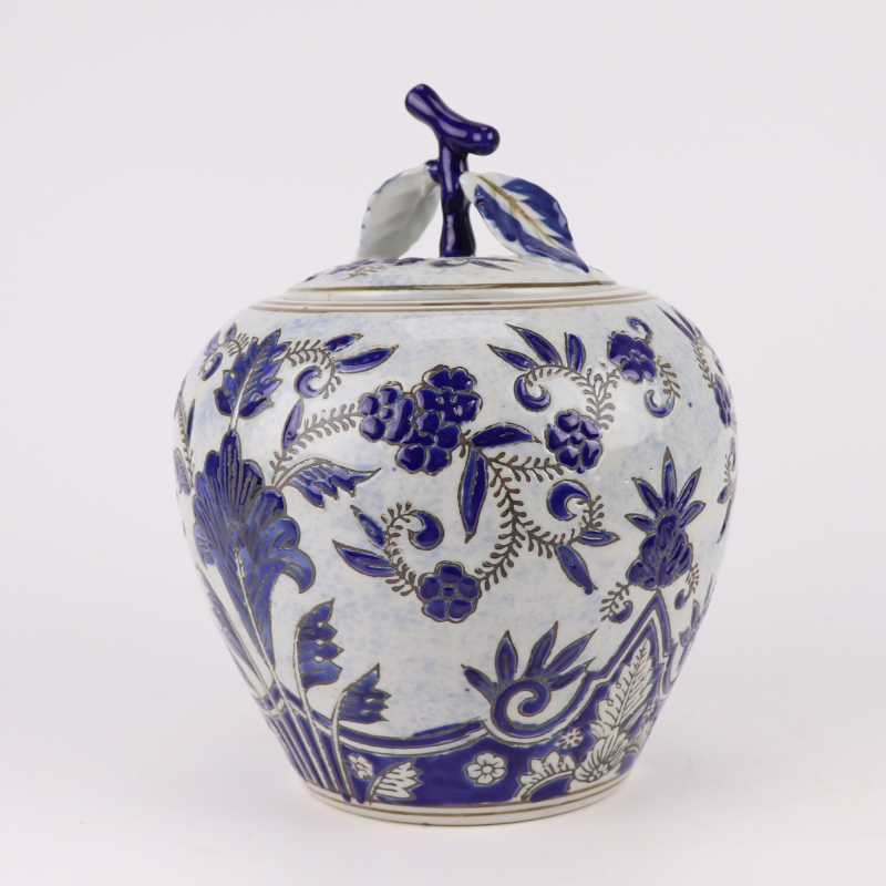青花花卉苹果罐,产品编号:RXAE-FL16-200C 产品尺寸(单位cm): 高22.7直径18口径底径10.8重量1.25KG