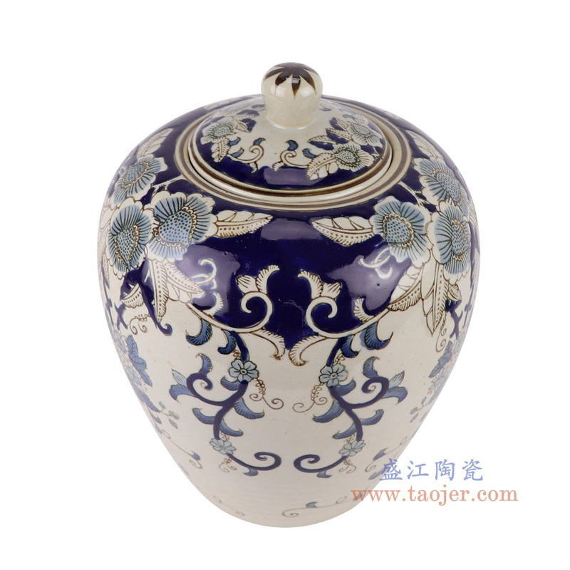 青花花卉茶叶罐,产品编号:RXAE-FL16-321 产品尺寸(单位cm): 高29直径22.5口径底径12.5重量2.75KG