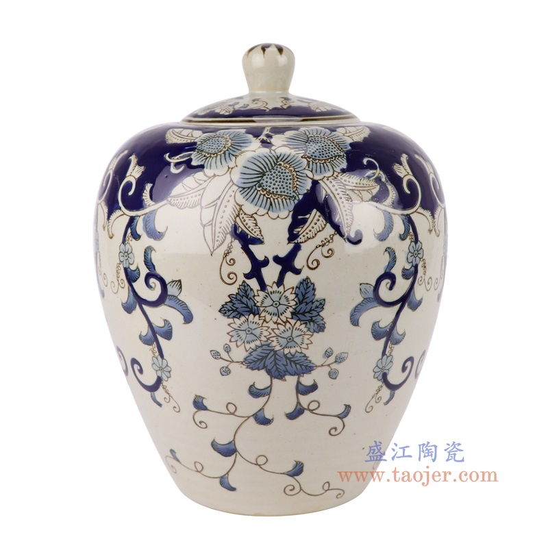 青花花卉茶叶罐,产品编号:RXAE-FL16-321 产品尺寸(单位cm): 高29直径22.5口径底径12.5重量2.75KG