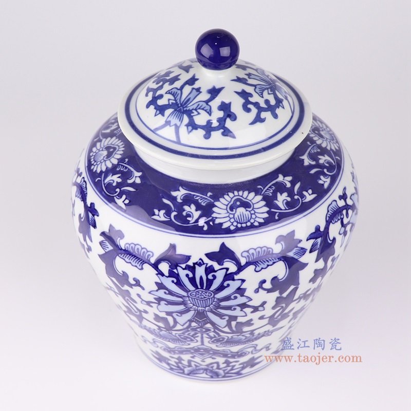 青花缠枝莲9寸将军罐,产品编号:RXAE-FL17-003B 产品尺寸(单位cm): 高24.2直径18.2口径底径11重量1.3KG