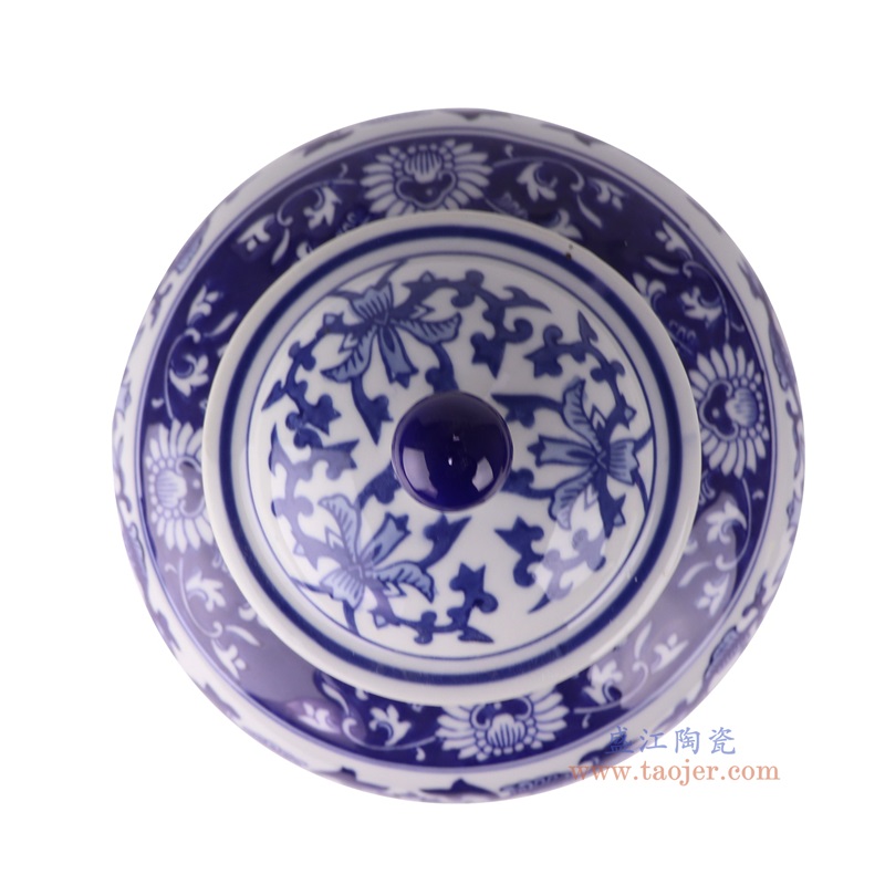 青花缠枝莲9寸将军罐,产品编号:RXAE-FL17-003B 产品尺寸(单位cm): 高24.2直径18.2口径底径11重量1.3KG