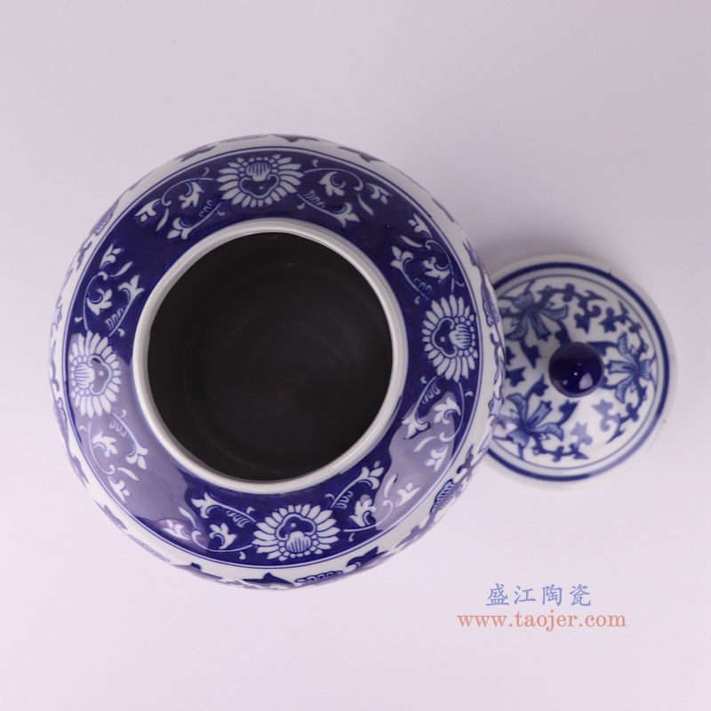 青花缠枝莲9寸将军罐,产品编号:RXAE-FL17-003B 产品尺寸(单位cm): 高24.2直径18.2口径底径11重量1.3KG