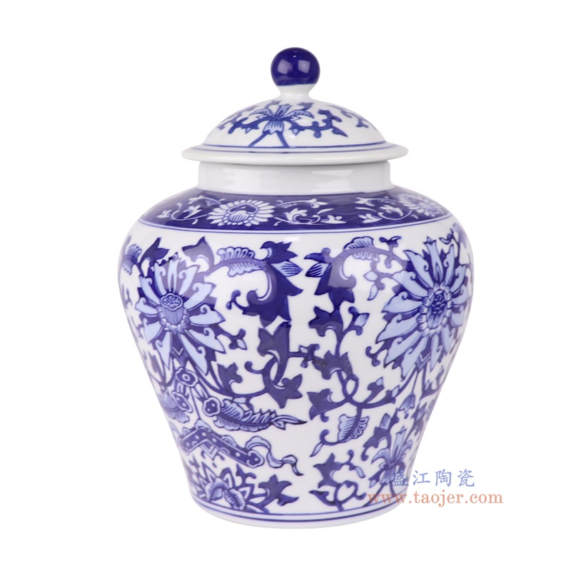 青花缠枝莲9寸将军罐,产品编号:RXAE-FL17-003B 产品尺寸(单位cm): 高24.2直径18.2口径底径11重量1.3KG