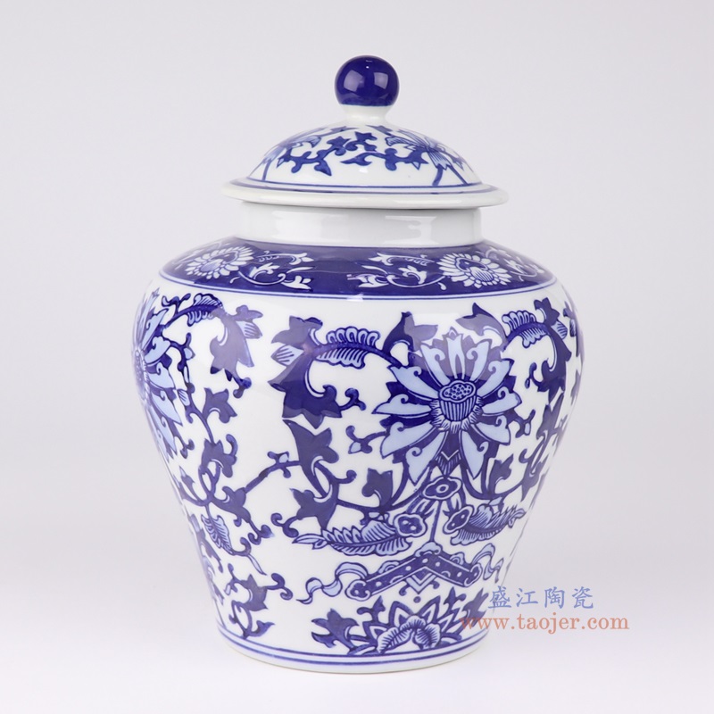 青花缠枝莲9寸将军罐,产品编号:RXAE-FL17-003B 产品尺寸(单位cm): 高24.2直径18.2口径底径11重量1.3KG