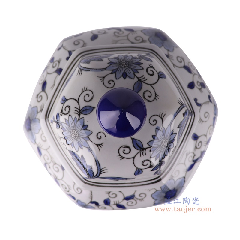青花花卉六角坛将军罐,产品编号:RXAE-FL17-462B 产品尺寸(单位cm): 高35直径27口径底径15重量3.04KG
