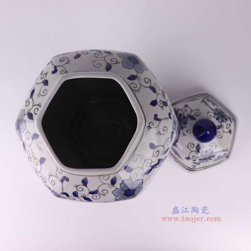 青花花卉六角坛将军罐,产品编号:RXAE-FL17-462B 产品尺寸(单位cm): 高35直径27口径底径15重量3.04KG