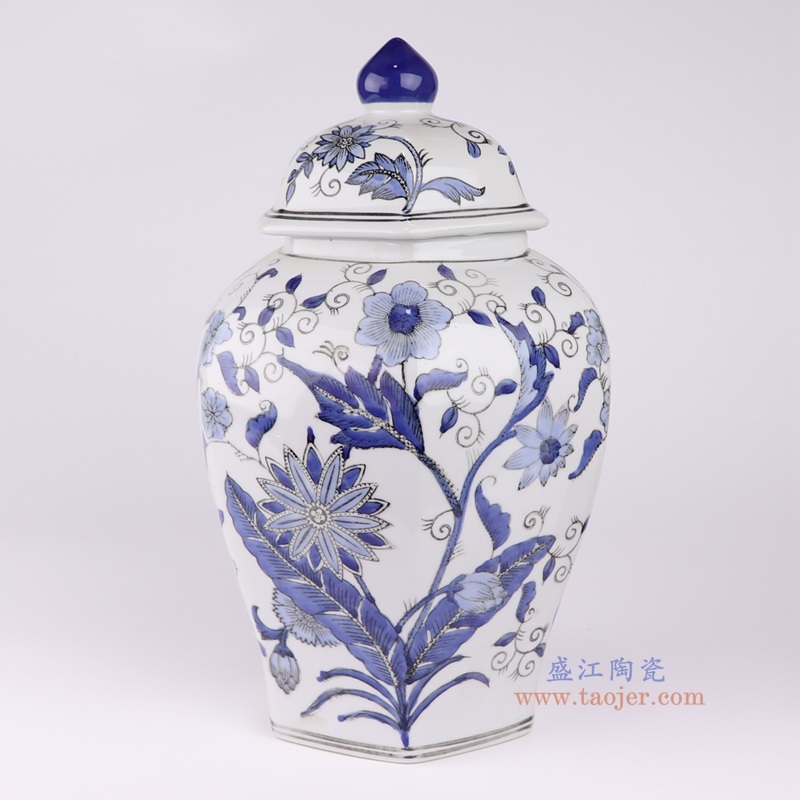 青花花卉六角坛将军罐，产品编号：RXAE-FL17-462B 产品尺寸(单位cm): 高35直径27口径底径15重量3.04KG