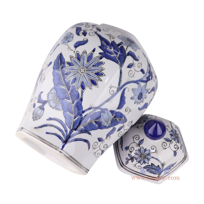 青花花卉六角坛将军罐,产品编号:RXAE-FL17-462B 产品尺寸(单位cm): 高35直径27口径底径15重量3.04KG