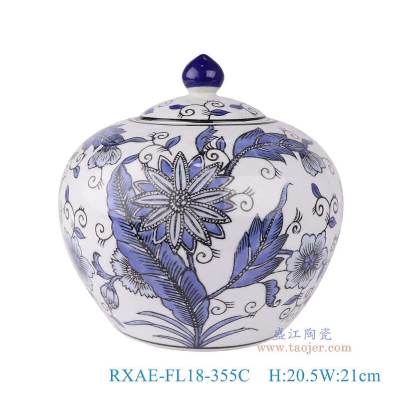 青花花卉西瓜罐西瓜坛,产品编号:RXAE-FL18-355C 产品尺寸(单位cm): 高20.5直径21口径底径13.5重量1.58KG
