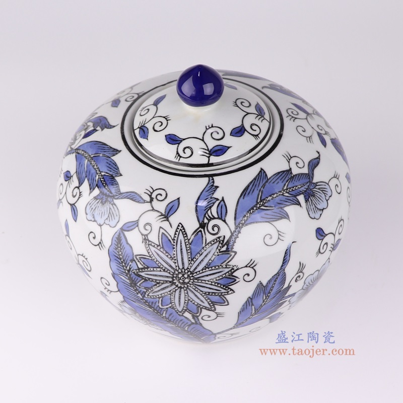 青花花卉西瓜罐西瓜坛,产品编号:RXAE-FL18-355C 产品尺寸(单位cm): 高20.5直径21口径底径13.5重量1.58KG
