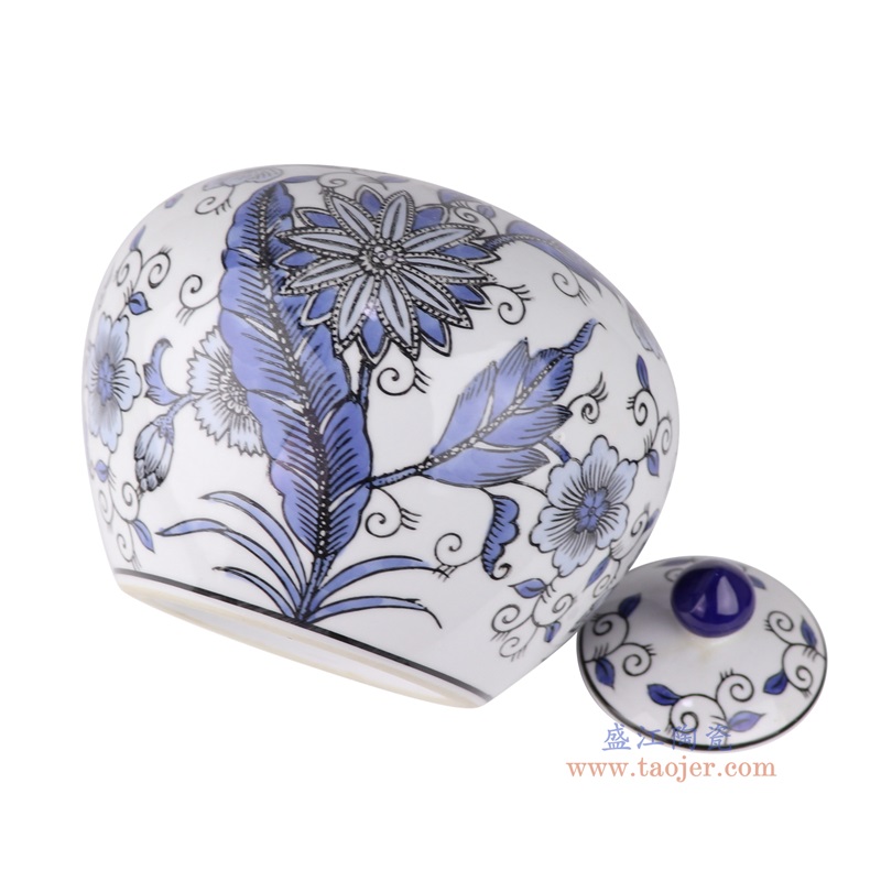 青花花卉西瓜罐西瓜坛,产品编号:RXAE-FL18-355C 产品尺寸(单位cm): 高20.5直径21口径底径13.5重量1.58KG