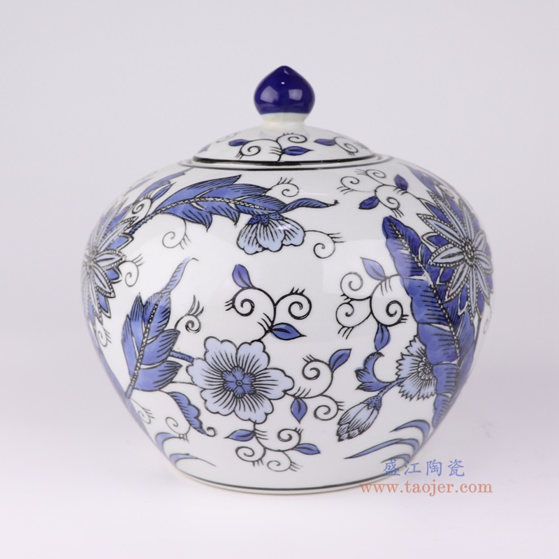 青花花卉西瓜罐西瓜坛,产品编号:RXAE-FL18-355C 产品尺寸(单位cm): 高20.5直径21口径底径13.5重量1.58KG