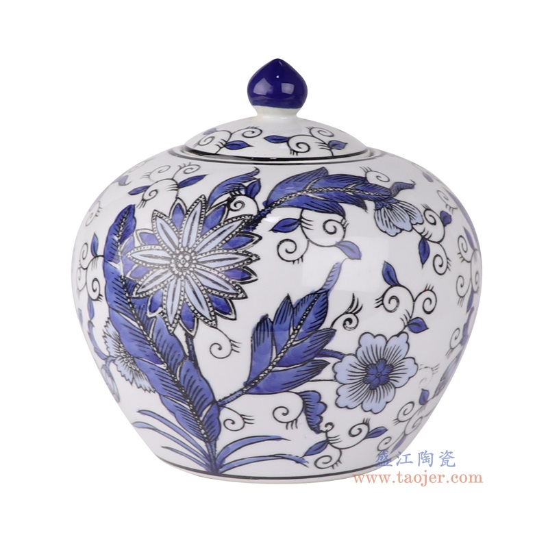 青花花卉西瓜罐西瓜坛,产品编号:RXAE-FL18-355C 产品尺寸(单位cm): 高20.5直径21口径底径13.5重量1.58KG