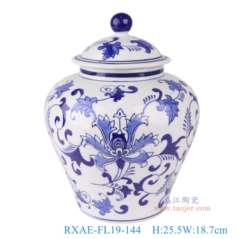 青花花卉将军罐将军坛,产品编号:RXAE-FL19-144 产品尺寸(单位cm): 高25.5直径18.7口径底径12重量1.28KG