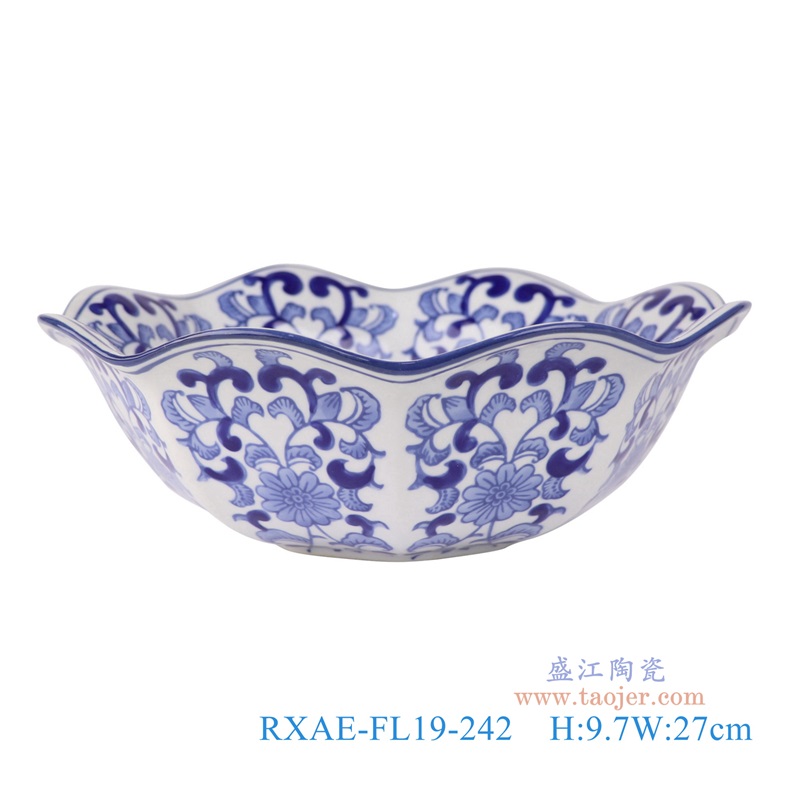 青花缠枝莲荷口碗，产品编号：RXAE-FL19-242       产品尺寸(单位cm):  高9.7直径27口径底径10.7重量1.4KG