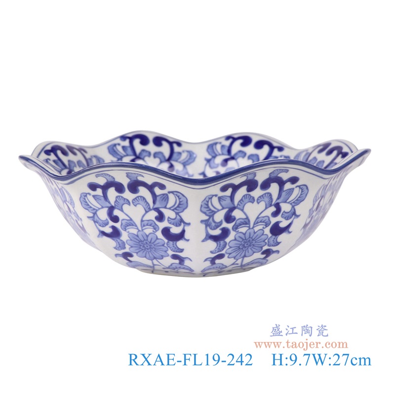 青花缠枝莲荷口碗,产品编号:RXAE-FL19-242 产品尺寸(单位cm): 高9.7直径27口径底径10.7重量1.4KG