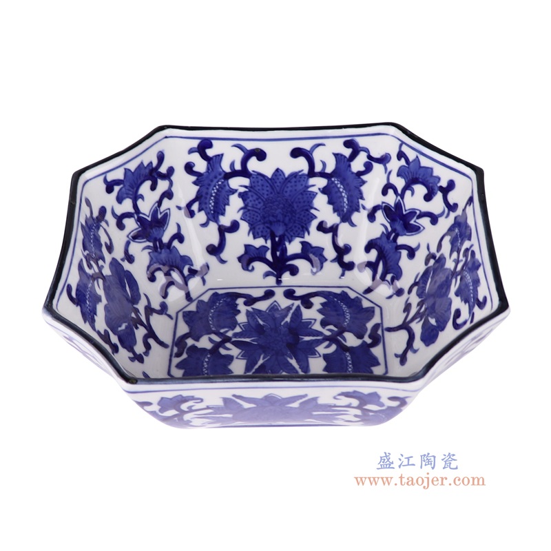 青花缠枝莲八边长方碗,产品编号:RXAE-FL19-243L 产品尺寸(单位cm): 高9.5直径22.2口径底径14重量1.12KG