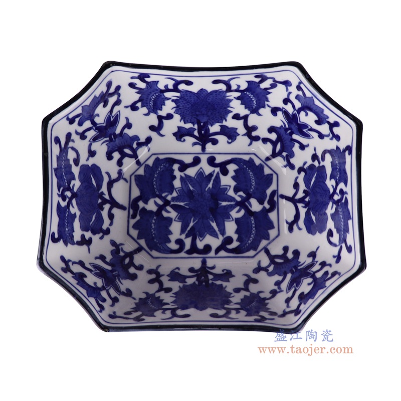 青花缠枝莲八边长方碗,产品编号:RXAE-FL19-243L 产品尺寸(单位cm): 高9.5直径22.2口径底径14重量1.12KG