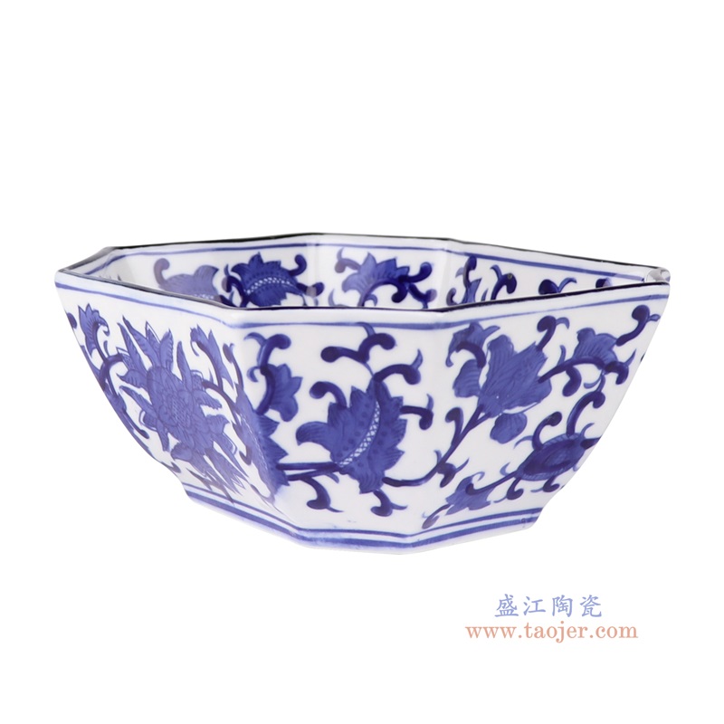 青花缠枝莲八边长方碗,产品编号:RXAE-FL19-243L 产品尺寸(单位cm): 高9.5直径22.2口径底径14重量1.12KG
