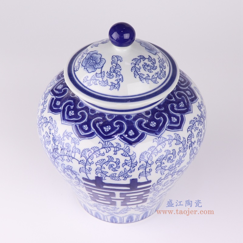 青花喜字纹将军罐将军坛,产品编号:RXAE-FL19-259 产品尺寸(单位cm): 高25直径18口径底径12重量1.5KG