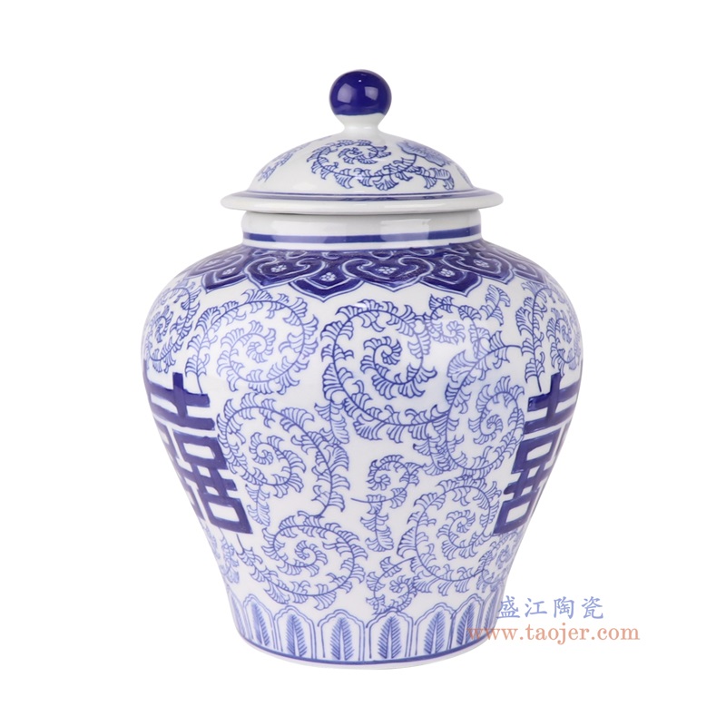青花喜字纹将军罐将军坛,产品编号:RXAE-FL19-259 产品尺寸(单位cm): 高25直径18口径底径12重量1.5KG