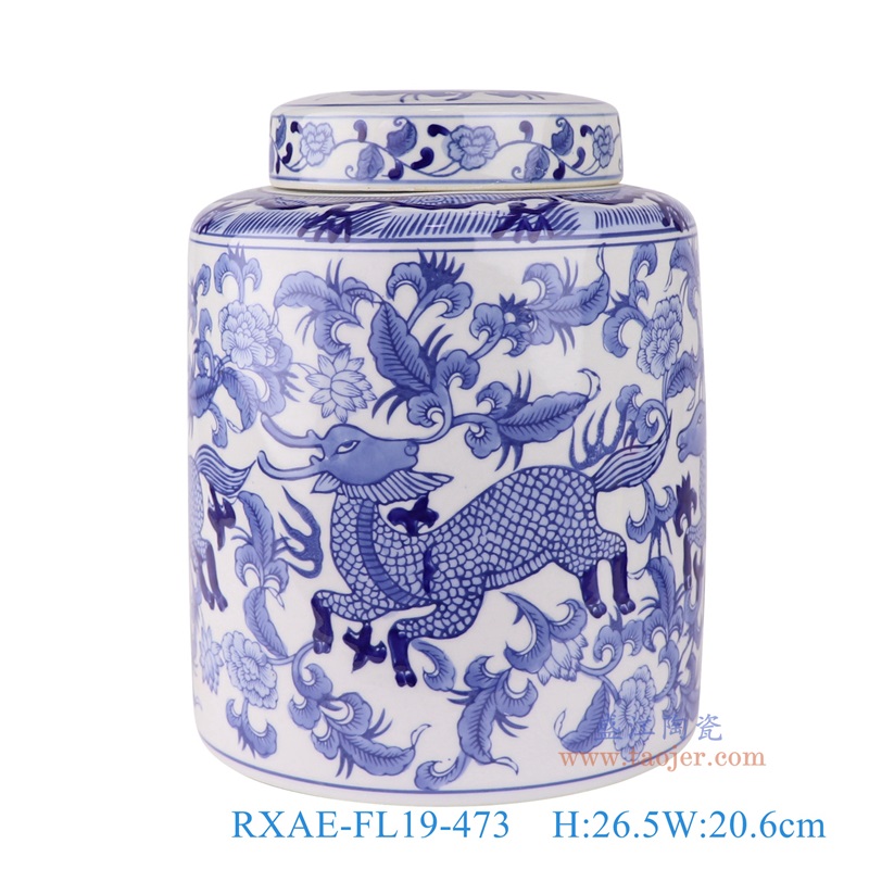 青花鹿纹大口直筒罐,产品编号:RXAE-FL19-473 产品尺寸(单位cm): 高26.5直径20.6口径底径重量2.52KG