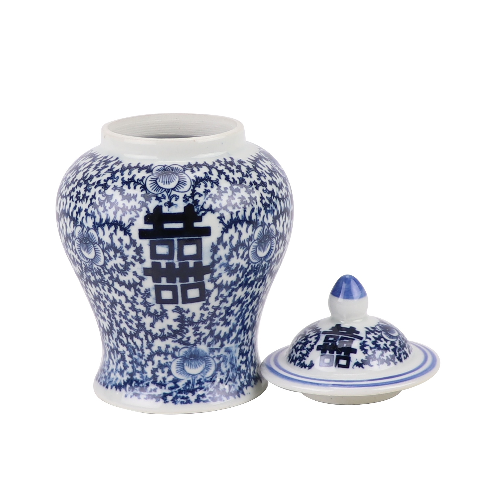 青花缠枝喜字将军罐,产品编号:RXAF02 产品尺寸(单位cm): 高16.5直径10.2口径底径7.2重量0.35KG